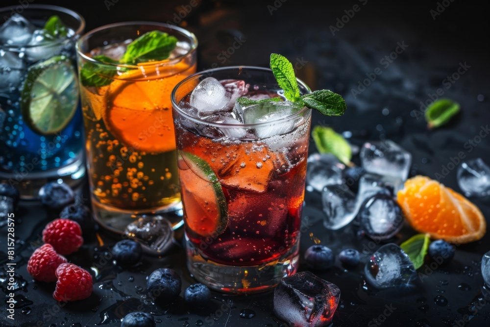 Glasses of different colored drinks with ice and mint Glasses of different colored drinks with ice and mint
