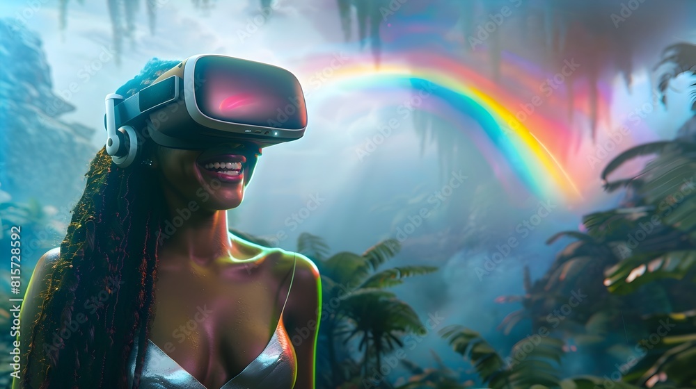 Confident Woman Immersed in a Breathtaking Shangri La Virtual Landscape with Vibrant Rainbow Confident Woman Immersed in a Breathtaking Shangri La Virtual Landscape with Vibrant Rainbow