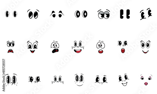 Set of emoticons with eyes, mouth, nose, eyes, lips.