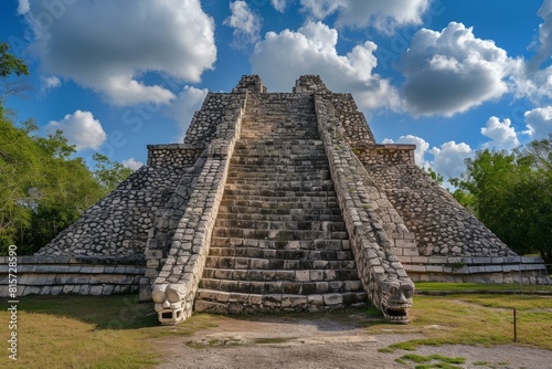 Captivating view of an ancient mayan pyramid with intricate stone steps and serpent sculptures