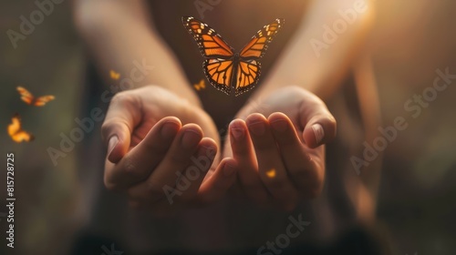 A close-up of a person's hands releasing a monarch butterfly, representing hope and transformation.  photo