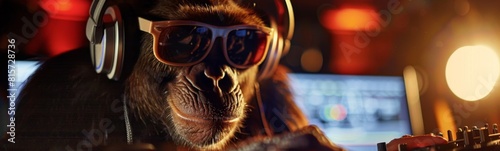 Monkey wearing sunglasses and headphones while playing music . Music background