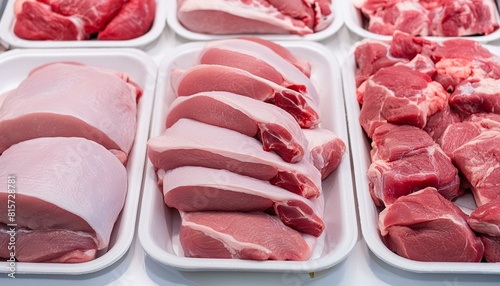 Fleisch, rohes Schweinefleisch, in einer Auslage einer Metzgerei, ohne Personen