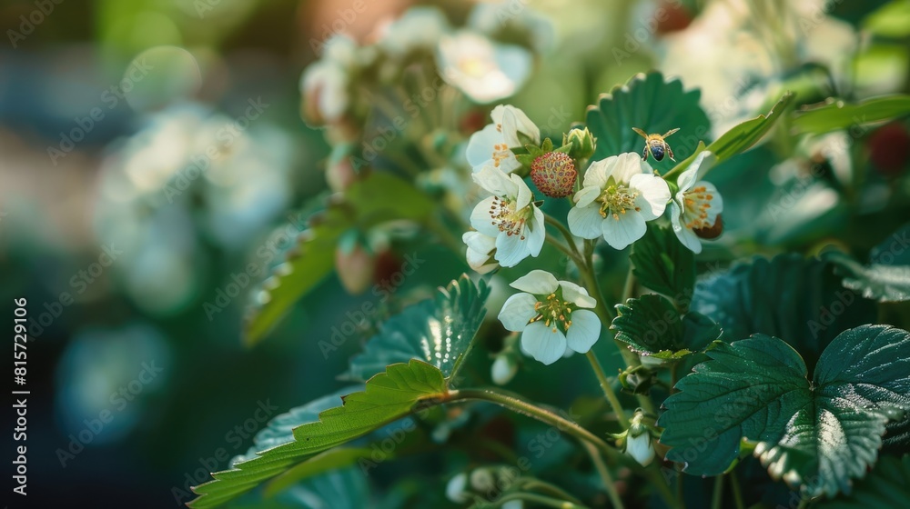 Growing a blossoming strawberry plant with white blooms and a bee perched on it Growing berries in a backyard Growing a blossoming strawberry plant with white blooms and a bee perched on it Growing berries in a backyard