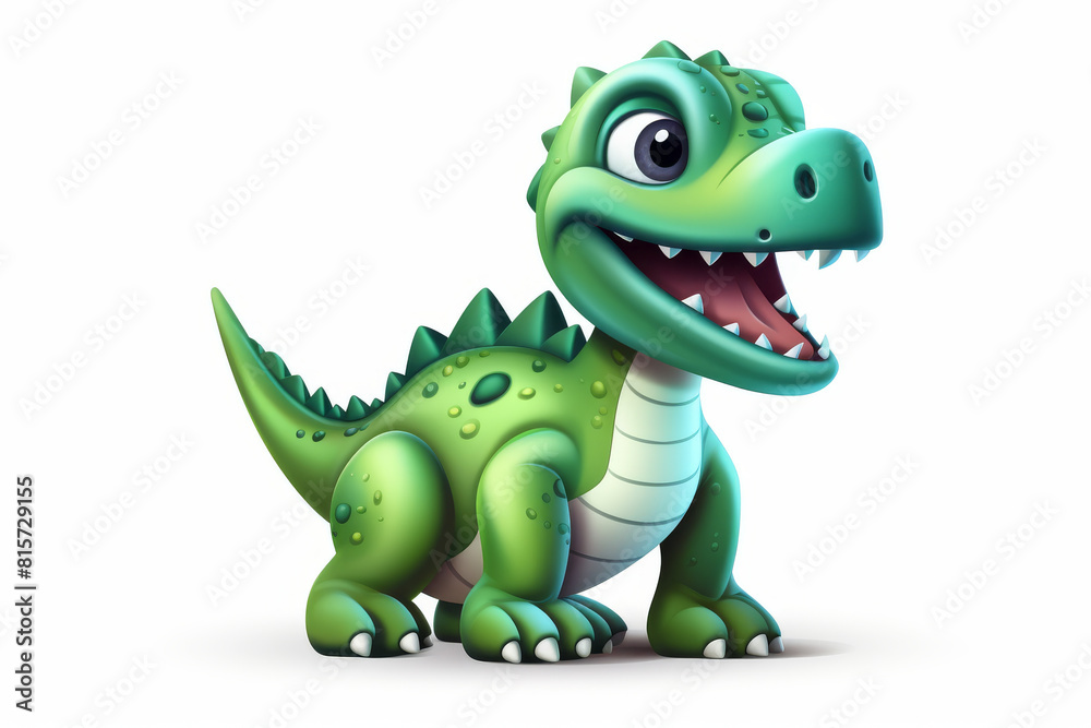 Fototapeta premium This cute green cartoon dinosaur with a friendly smile invites a touch of playful fantasy and childhood imagination