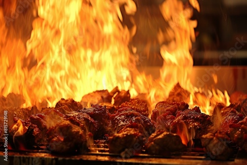Intense flames engulf succulent meats on a barbecue grill, capturing the heat of outdoor cooking
