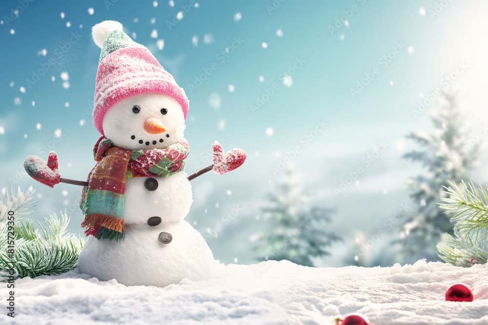 Winter wonderland: cheerful snowman with holiday decorations