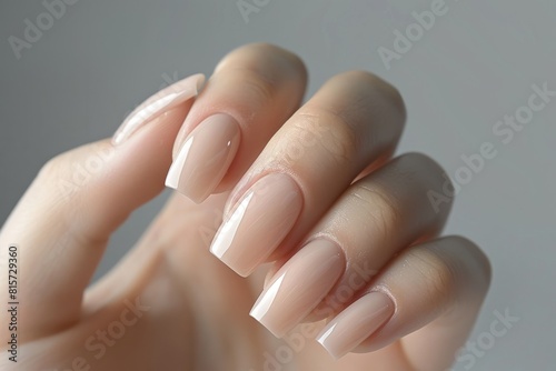 Close-up of a woman s hand with an elegant neutral manicure. Beautiful natural gel nail polish square nails