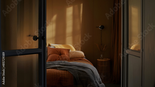 A view through an open door into a bedroom interior with rust color linen and cushions on a bed grey blanket rattan bedside table and metal wall light : Generative AI photo