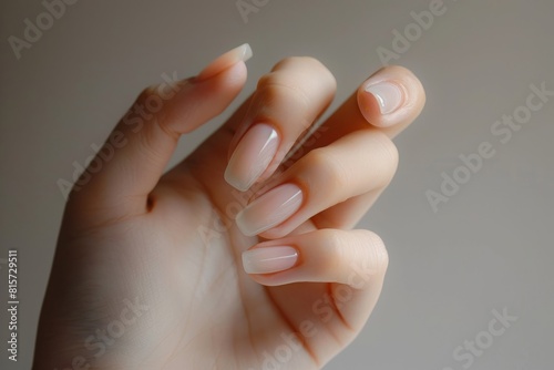 Close-up of a woman s hand with an elegant neutral manicure. Beautiful natural gel nail polish square nails