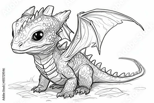 Adorable black and white pencil sketch of a cute and playful cartoon dragon character. Featuring intricate line art. Scales. And wings