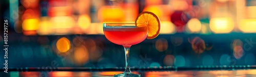 Brightly lit bar with a glass of red drink and orange slice. Drink background 