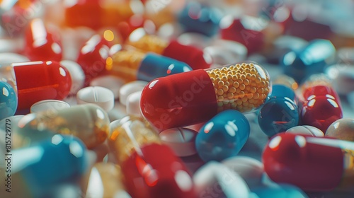 A Close-Up View of Assorted Colorful Pills and Capsule Pharmaceutical Landscape, Medicine Banner, backdrop design concept, Cover, Drug Background 
