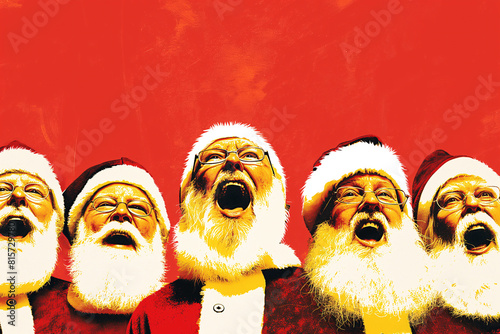 Joyful santa clauses on red background
