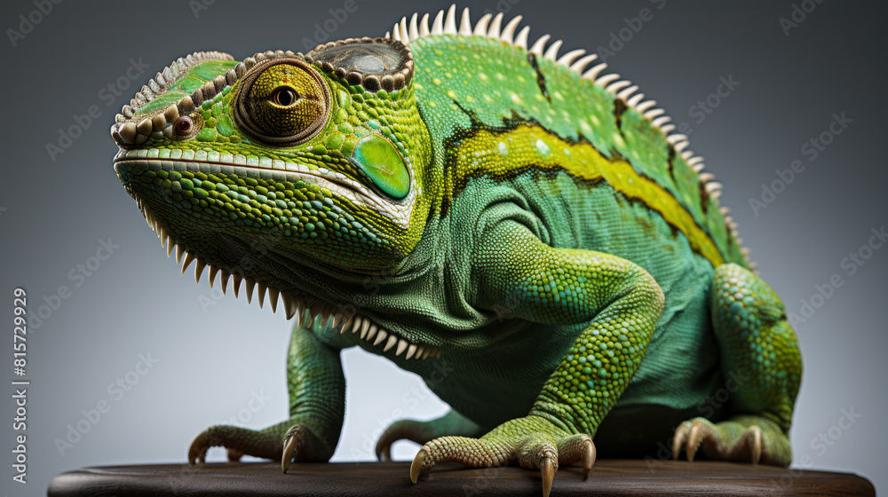 Obraz premium Stunning close-up of a green iguana on a gray background. Generative ai
