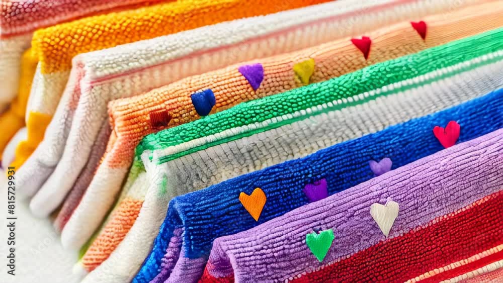 Colorful fabric swatches with heart appliques lined up Colorful fabric swatches with heart appliques lined up