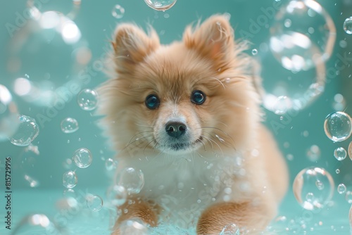 Cute puppy playing with bubbles in water photo