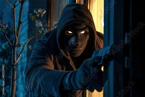 A sinister burglar with a crowbar is in the act of breaking and entering during the night