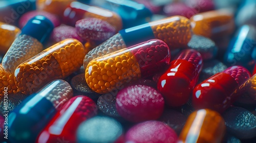 A Close-Up View of Assorted Colorful Pills and Capsule Pharmaceutical Landscape, Medicine Banner, backdrop design concept, Cover, Drug Background 