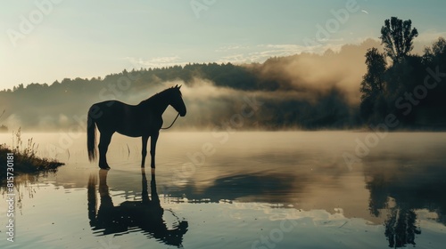 Silhouette of horse on mystic lake with water reflection at sunset. AI generated image