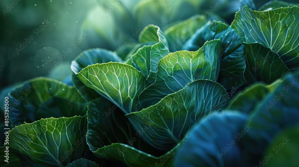 Obraz premium Close up of fresh green cabbage leaves in the garden with bokeh background