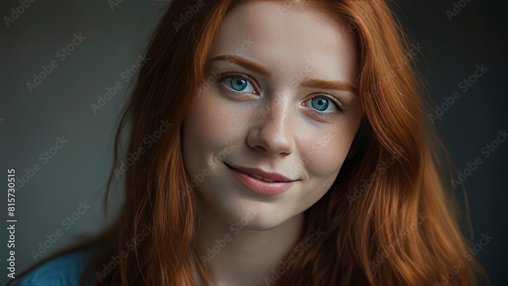 Radiant Young Woman with Red Hair and Blue Eyes: Captivating Portrait. Radiant Young Woman with Red Hair and Blue Eyes: Captivating Portrait.