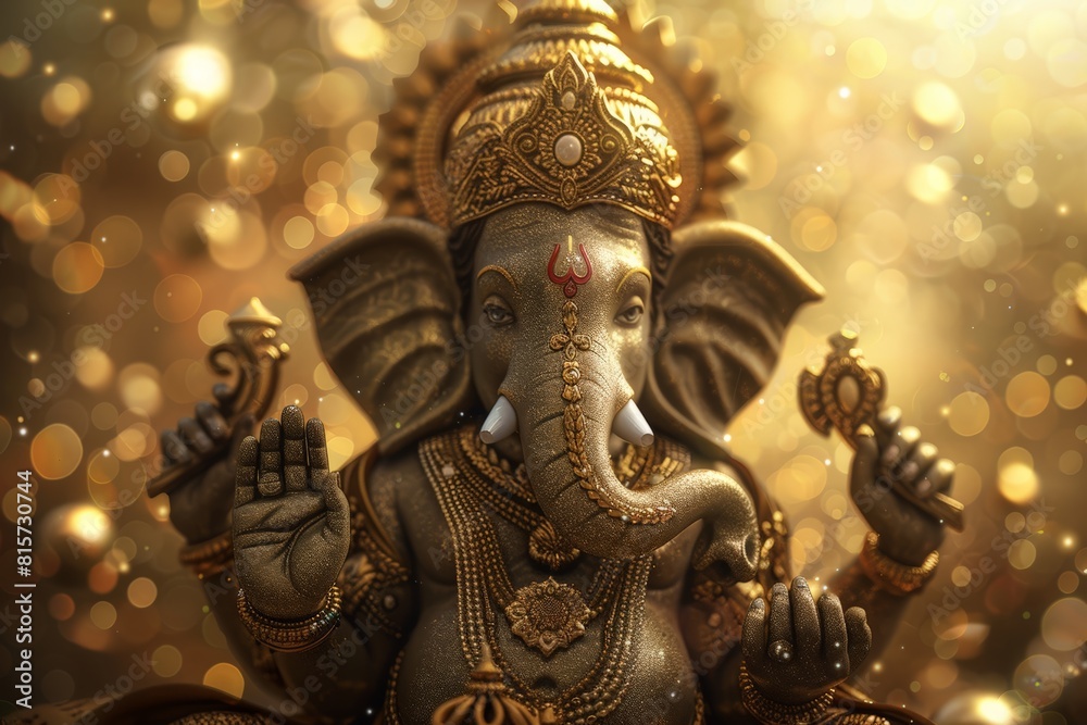 Fototapeta premium Ganesha radiates divine light against a backdrop of golden aura