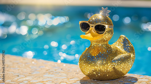 Golden rubber duck at pool side 