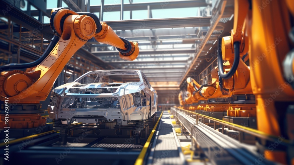 Robots and workers on an assembly line meticulously put together a car chassis on a factory floor.
