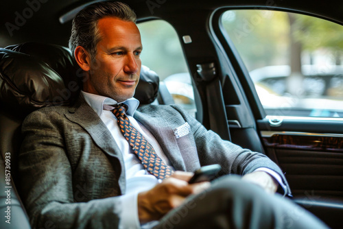 Confident mature businessman with a phone in a luxury car, exuding professionalism and affluence