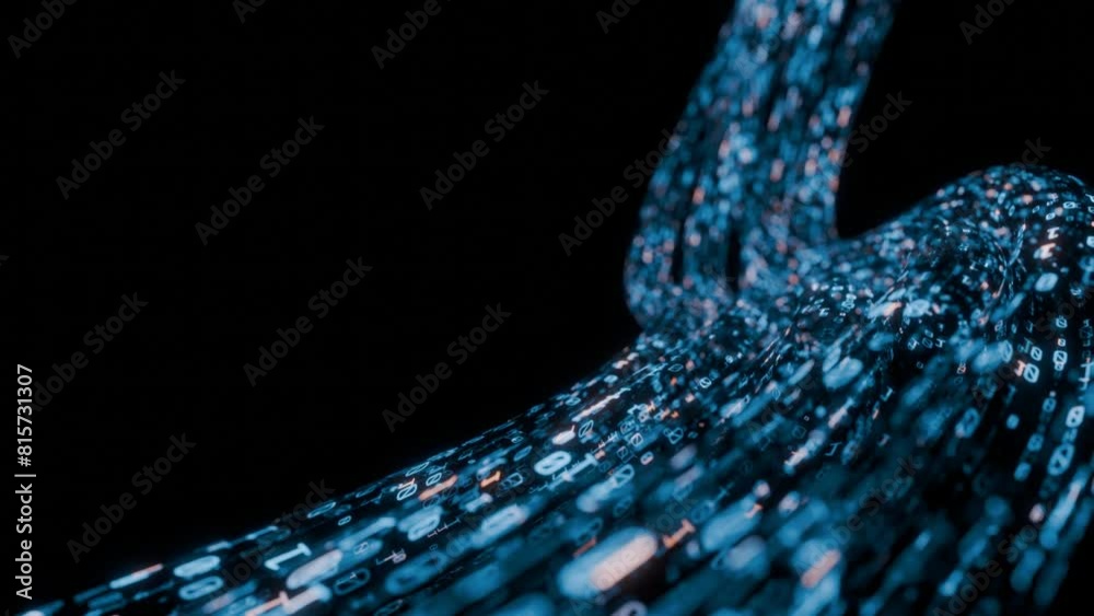 Seamless loop. Abstract wire cable with digital binary data transmitting. Depth of field effect. Inside AI concept. Technology, machine learning, big data, virtualization. Product background	
