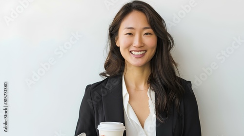 A vibrant Asian businesswoman, her smile contagious and eyes full of determination, carrying a laptop and a paper coffee cup, standing against a crisp white background