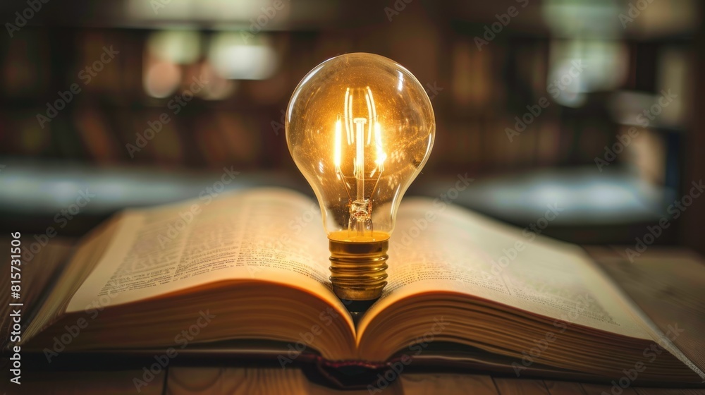 Bright light bulb on the open book for smart idea learning concept ...