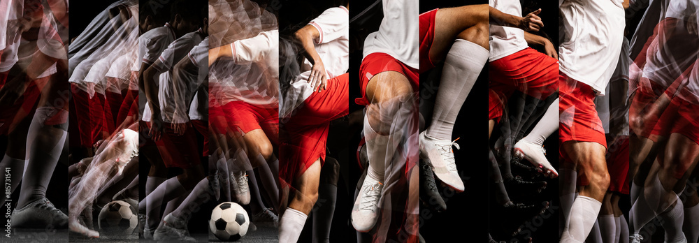 Collage. Soccer player running. Images shows blending moments of kicks, runs, and strategic plays in motion blur visual style. Concept of professional sport, competition, tournament, movement, action