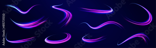 Light motion trails. High speed motion blurred light effects at night in blue and red colors. Illustration of high speed concept. 