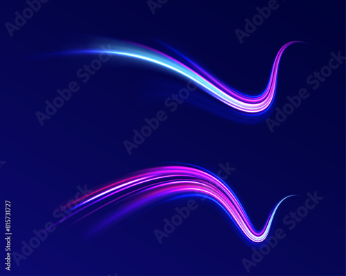 Vector blue glowing lines air flow effect. Big set of light neon lines in the form of swirl and spirals. Vector glitter light fire flare trace.