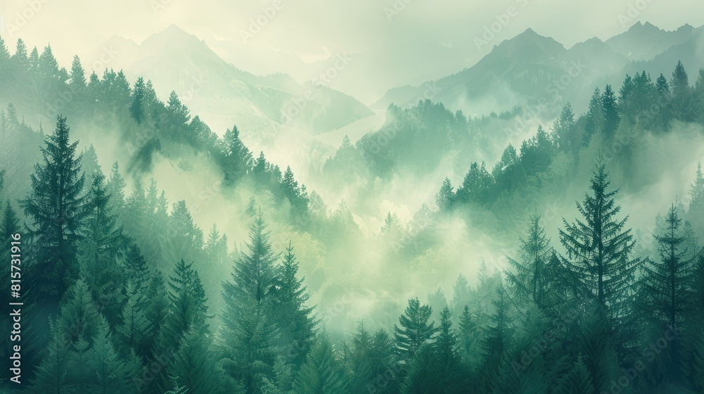 Misty landscape with fir forest in vintage retro style