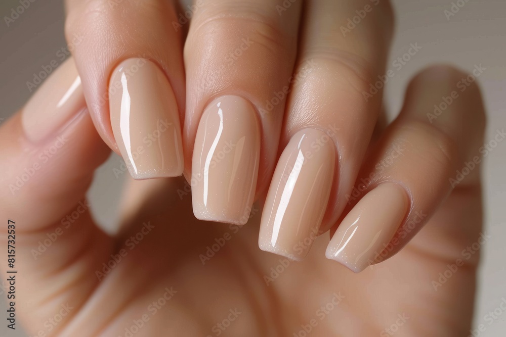 Close-up of a woman's hand with an elegant neutral manicure. Beautiful light pink gel nail polish on rectangular nails Close-up of a woman's hand with an elegant neutral manicure. Beautiful light pink gel nail polish on rectangular nails