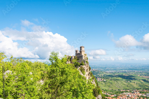 The first tower of Guaita on a rocky cliff, Republic of San Marino.