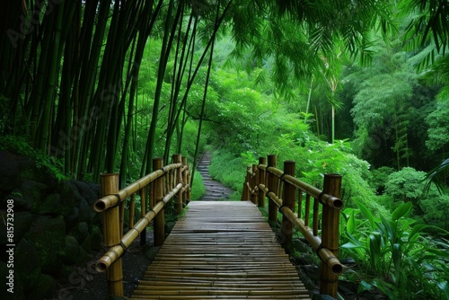 Tranquil and serene footbridge pathway through misty and lush bamboo forest landscape surrounded by greenery and natural foliage