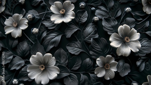 Monochrome botanical imagery with white flowers