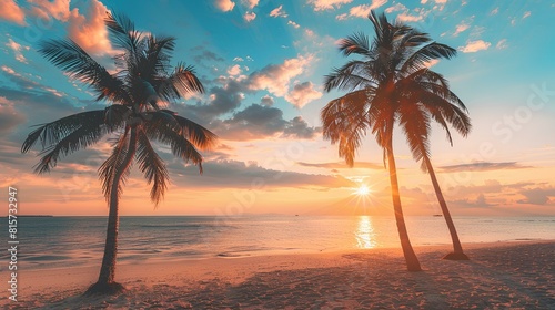 A vibrant sunset casting warm hues over a tranquil beach  with palm trees swaying gently in the breeze.