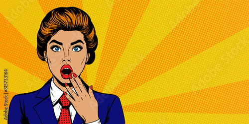  Comic girl with surprised face. Wow, pop art face. Yellow background in pop art style, retro, comic. Banner template design with copy space for sale, discount, special offer.