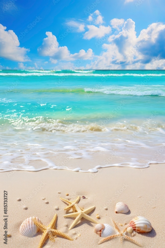 summer beach scene with beach view, some sea snails on beach sand star fish and a behind view with beach wave summer beach scene with beach view, some sea snails on beach sand star fish and a behind view with beach wave