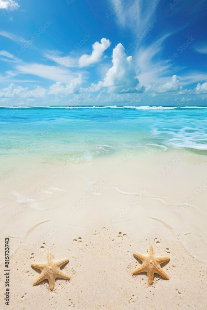 summer beach scene  with beach view, some sea snails on beach sand star fish and a behind view with beach wave 