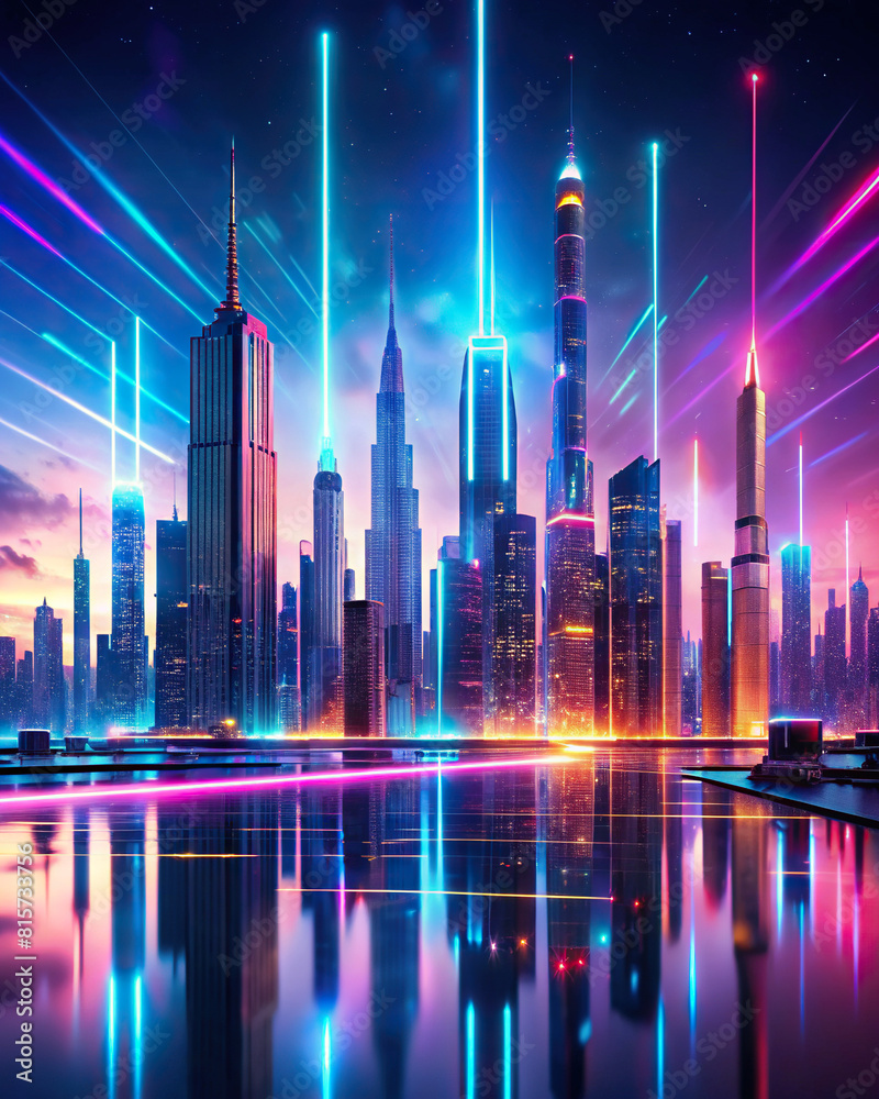 A neon-lit city skyline against a backdrop of abstract, glowing shapes, merging urban and futuristic elements.