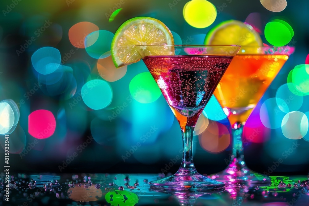 Brightly colored cocktails sit on a table with bright lights Brightly colored cocktails sit on a table with bright lights