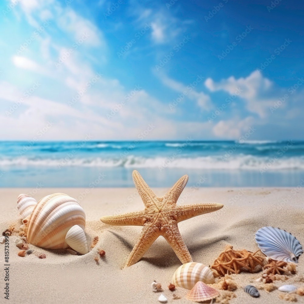 summer beach scene  with beach view, some sea snails on beach sand star fish and a behind view with beach wave 