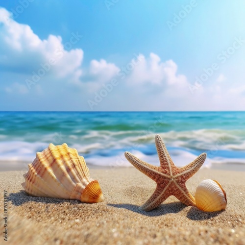 summer beach scene  with beach view  some sea snails on beach sand star fish and a behind view with beach wave 