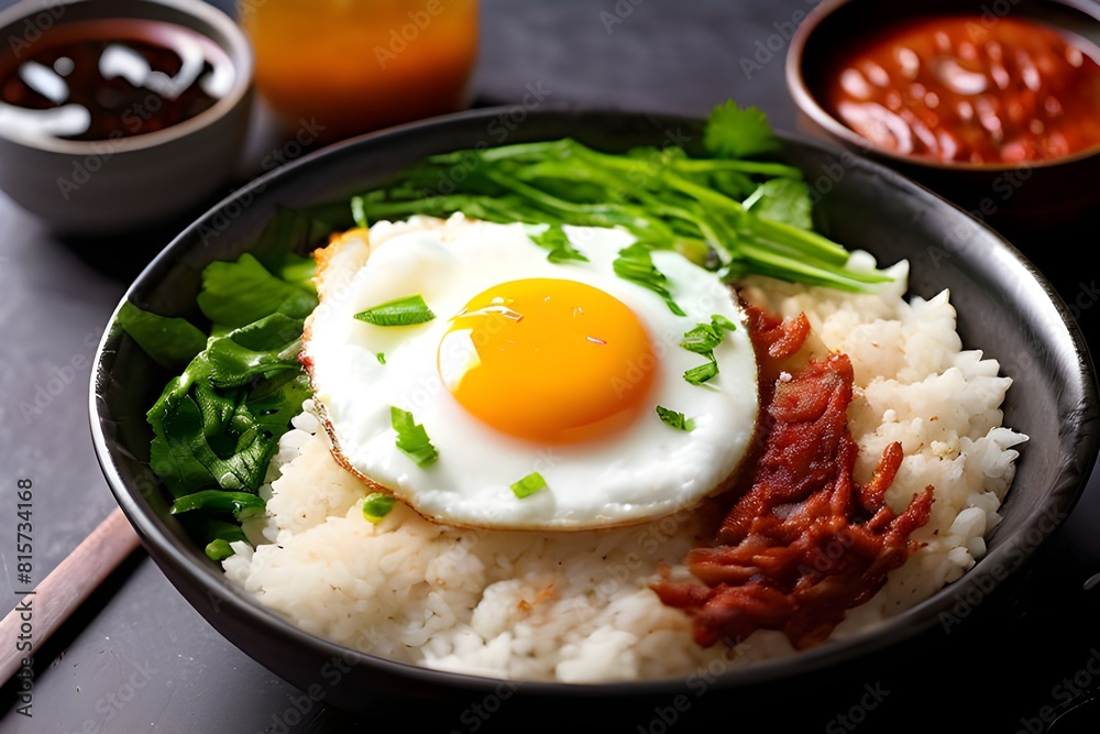 Delicious bowl of rice topped with a perfectly cooked egg, a classic and satisfying meal Delicious bowl of rice topped with a perfectly cooked egg, a classic and satisfying meal